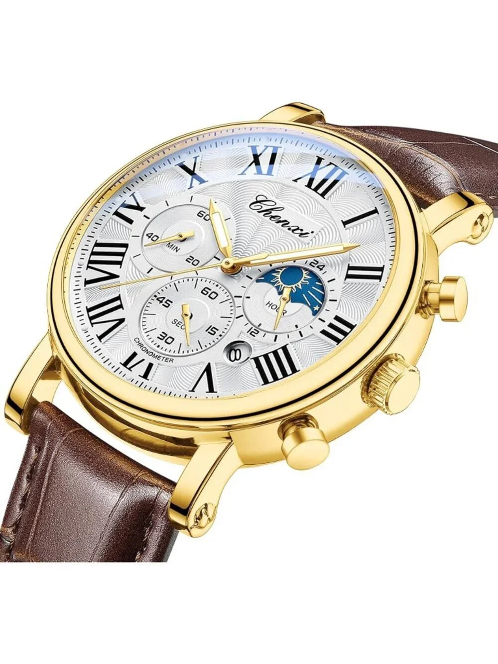 Men White Brown Leather Multifunctional Military Sports Analog Chronograph Watch